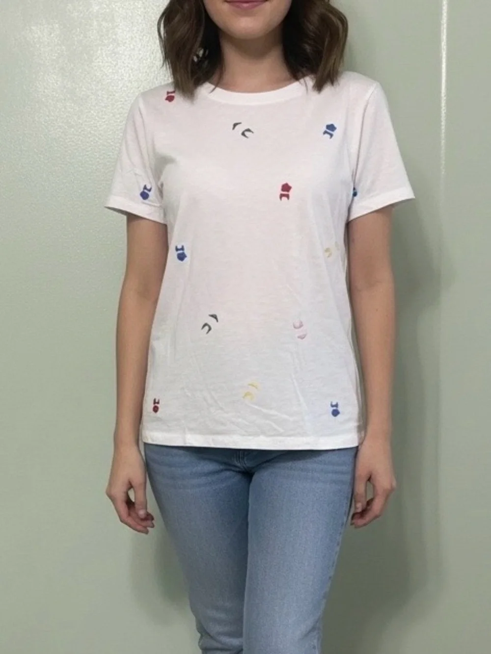 J.Crew women’s 100% Cotton Embroidered Bikini Pattern Tee Size Small